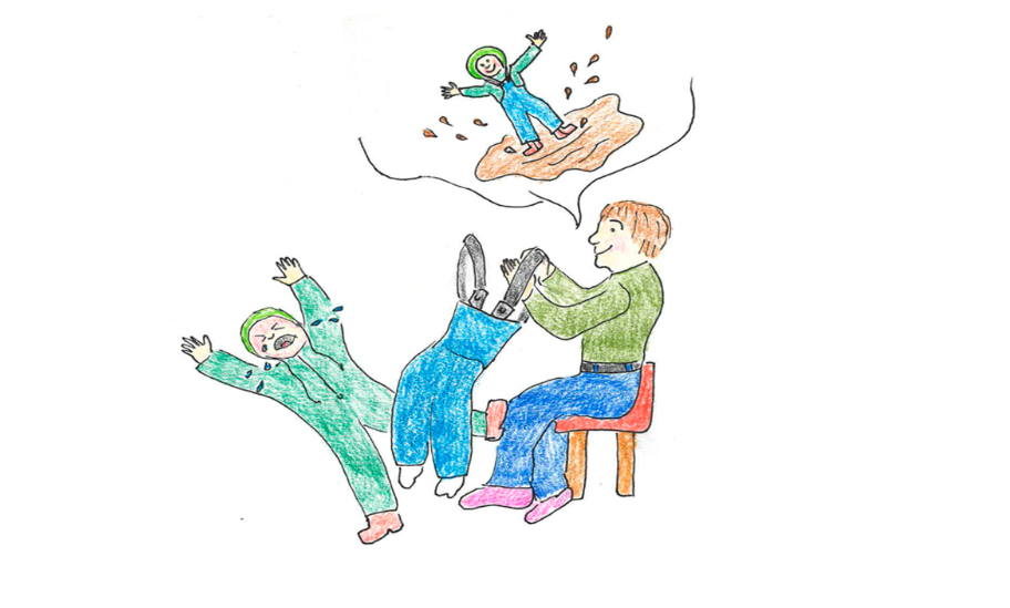 Piirroskuvassa aikuinen istuu tuolilla ja yrittää maanitella lasta pukemaan ulkovaatteet. Lapsi itkee raivoisasti vieressä.