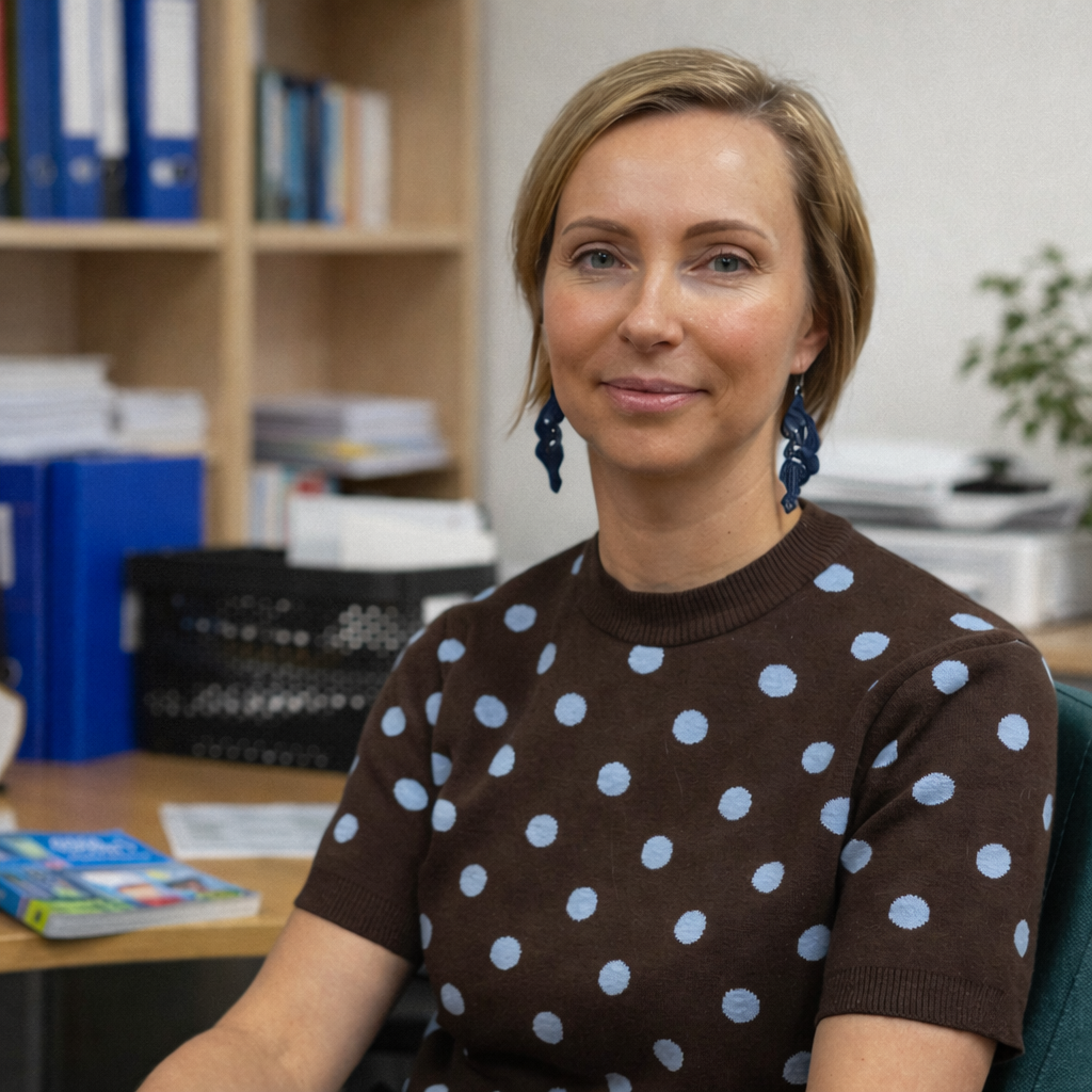 Lyhythiuksinen nainen katsoo kameraan. Hänellä on yllään ruskea pusero, jossa on vaaleansinisiä pallokuvioita. Taustalla näkyy kirjahyllykköä.