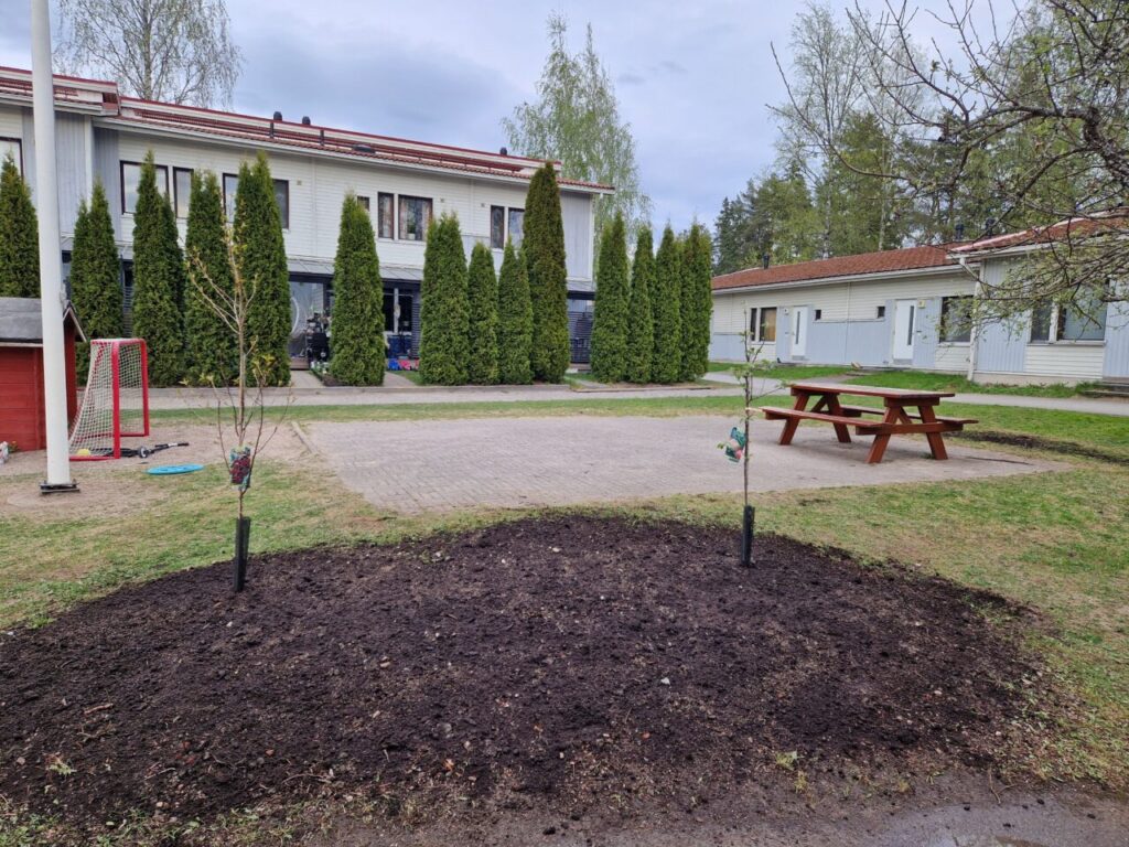Pihapiirissä taloja, puita, pöytäryhmä ja multa-alue, jossa istutetut puut.
