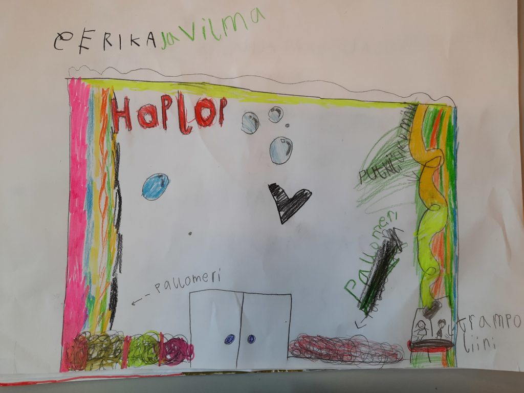Värikynillä tehty piirroskuva, jossa värikkäät reunat ja erilaisia muotoja. Vasemmassa yläreunassa lukee "Eerika ja Vilma" sekä "HopLop".