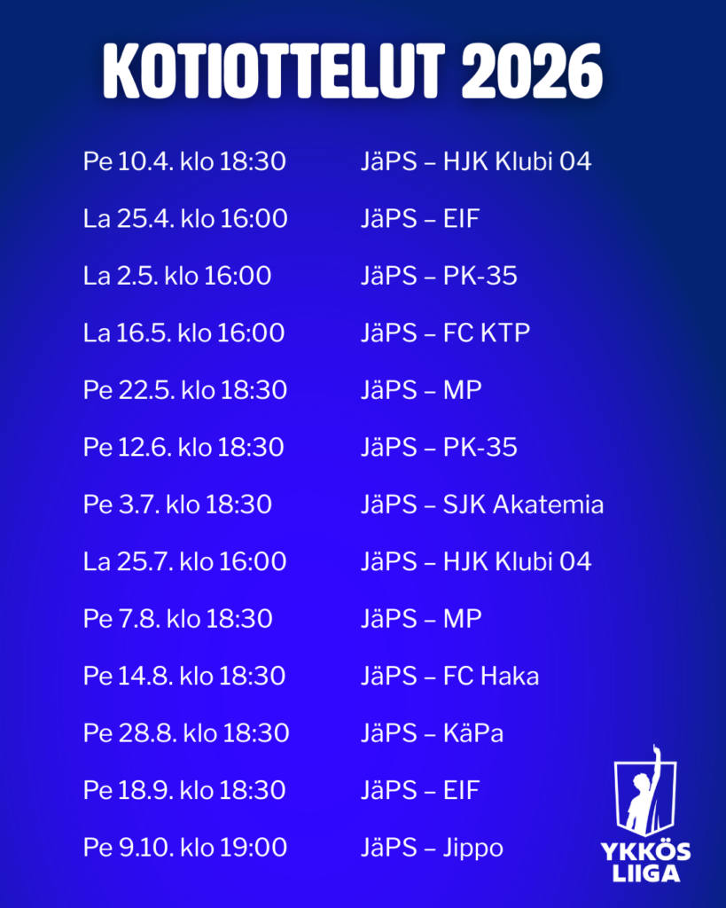 Grafiikka JäPSin vuoden 2026 kotiotteluista Ykkösliigassa: lista ottelupäivistä, kellonajoista ja vastustajista sinisellä taustalla.