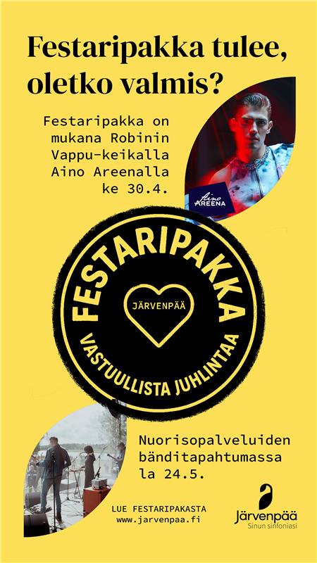 Juliste, jossa mainostetaan kahta Festaripakka-tapahtumaa: Robinin keikkaa vappuaattona 2025 ja Nuorisopalveluiden bänditapahtumaa lauantaina 24.5.