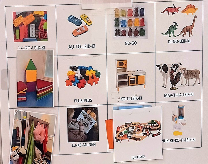 Kuvatukitaulu, jossa värillisin kuvin ja sanoin on kuvattu eri leikkejä.