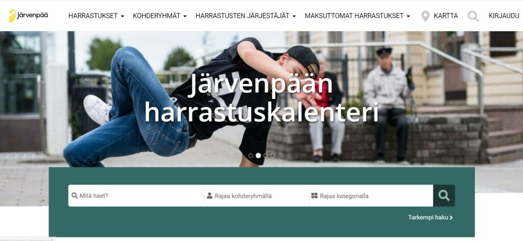 Poika tanssii breakdancea taustallaan Järvenpään juna-asema. Kuvan päällä on teksti "Järvenpään harrastuskalenteri".