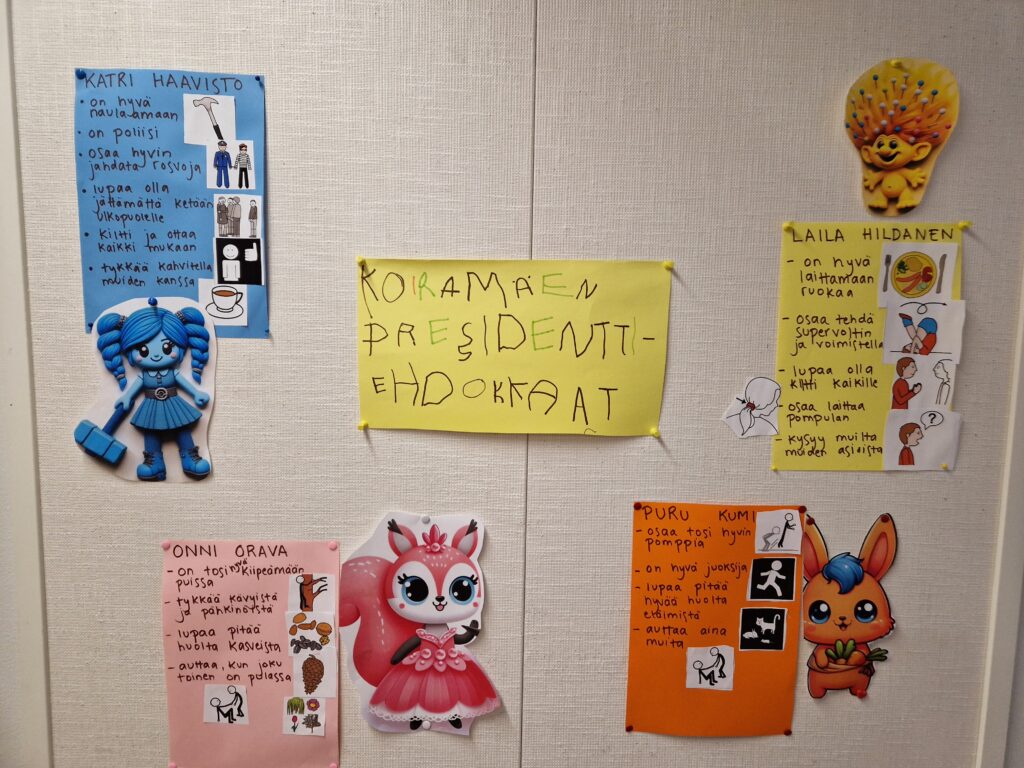 Seinällä tekoälyllä tehtyjä hahmoja ja heidän kuvauksiaan. Keskellä lapsen kirjoittama teksti "Koiramäen presidenttiehdokkaat".