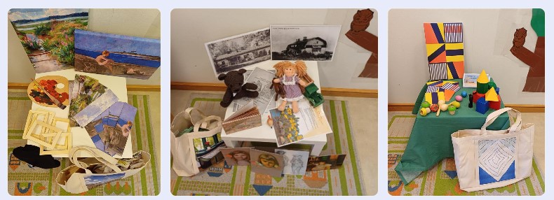 Kuvakollaasissa on kolme erilaista taidekassin sisältöä: Maiseman palaset, Suvirannan lelulaatikko ja Taiteen monen muodot.